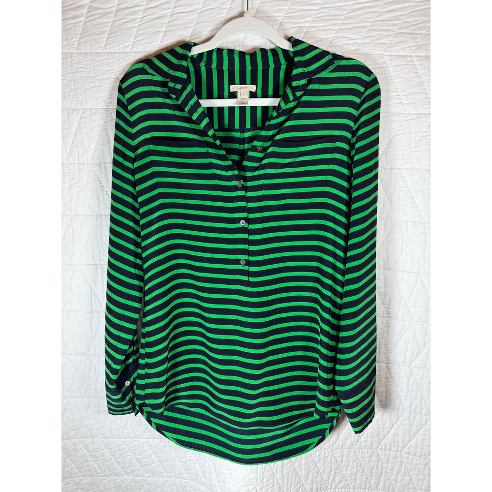 J. Crew Women’s Size 6 Green and Blue Striped 100% Silk Long Sleeve Popover Top